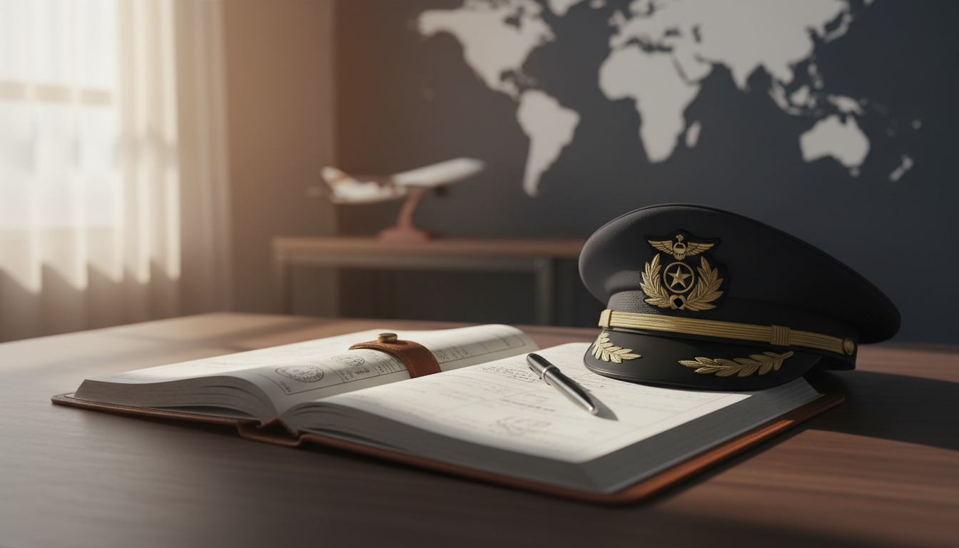 pilot logbook and airline captain hat on desk