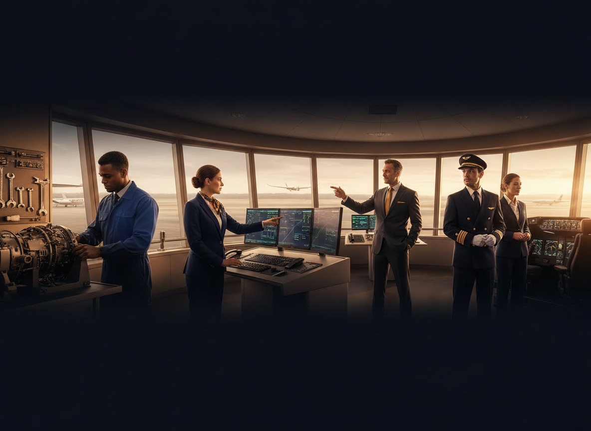 Keep the current luxurious aviation career hero image exactly as it is, but remove the wing insignia from the aviation maintenance mechanic's uniform. Make the uniform look natural and professional after removal, with no replacement badge, wings, logo, or text. Preserve the same people, composition, lighting, premium cinematic airport/control-tower atmosphere, colors, and all other aviation career details.